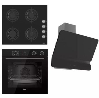 Ferre CS205-XE64CS-D080 Dijital Doğalgazlı Cam Set Üstü Davlumbaz 3'lü Ankastre Set Siyah