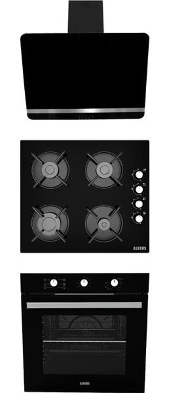 Alveus Bindesit-GLS640-MFA614 Doğalgazlı Cam Set Üstü Davlumbaz 3'lü Ankastre Set Siyah