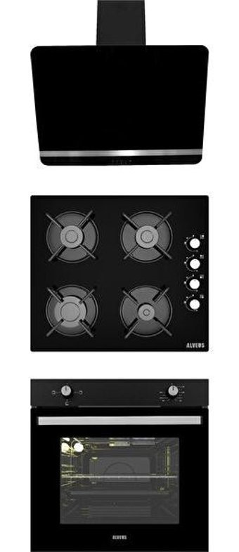 Alveus Bindesit-GLS640-MFA604 Doğalgazlı Cam Set Üstü Davlumbaz 3'lü Ankastre Set Siyah