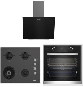 Grundig GEBD12302B-GDSP2474BB-GIGL622410 Dijital Doğalgazlı Cam-Metal Set Üstü Davlumbaz 3'lü Ankastre Set Siyah
