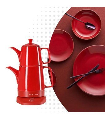 Desinia Porselen Demlikli 1800 W Porselen Kırmızı Vintage Çay Makinesi