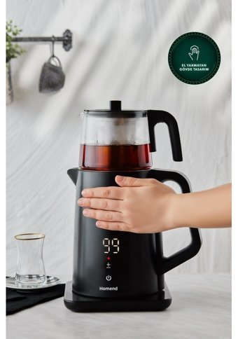 Homend Royaltea Cooltouch 1795H Konuşan Otomatik Cam Demlikli 1800 W Işıklı Çelik Siyah Vintage Çay Makinesi