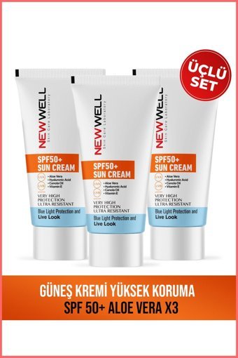 New Well Yüksek Koruma Renksiz 50 Faktör Tüm Ciltler İçin Nemlendiricili Suya Dayanıklı Güneş Kremi 3x50 ml