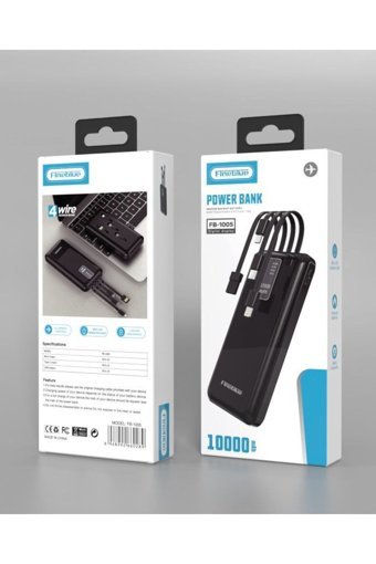 Fineblue FB-1005 10000 mAh Hızlı Şarjlı Dijital Göstergeli Type C - USB Çoklu Bağlantılı Kablolu Powerbank Siyah