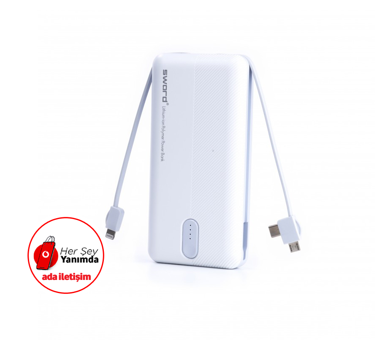 Sword SW-10PO3 20000 mAh USB Çoklu Bağlantılı Kablolu Powerbank Beyaz