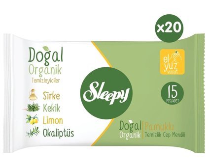 Sleepy Organik Pamuklu 15 Yaprak 20'li Paket Islak Mendil