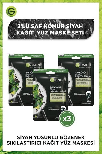 Garnier Siyah Yosunlu Gözenek Sıkılaştırıcı Nemlendirici Kağıt Yüz Maskesi 3x21 ml