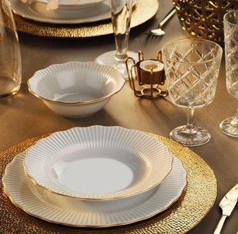 Porland Frilly 18 Parça 6 Kişilik Desenli Bone Porselen Yuvarlak Yemek Takımı