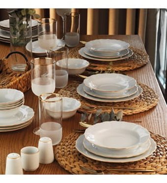 Porland Wavy 56 Parça 12 Kişilik Desenli Porselen Yuvarlak Yemek Takımı