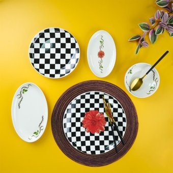 Aryıldız Plaid Rose Desenli 21 Parça 6 Kişilik Porselen Kahvaltı Takımı Beyaz - Siyah