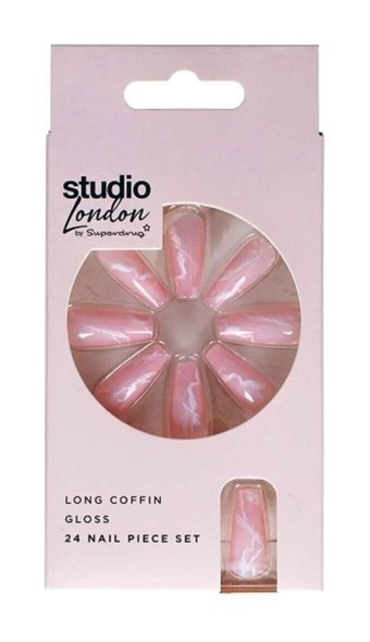Superdrug Studio Uzun Mermer Parlak 24'lü Balerin Pembe Takma Tırnak