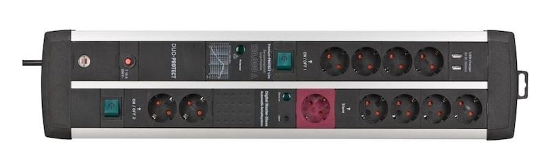 Brennenstuhl Premium-Protect Master-Slave 11'li Soket 3 Metre 2'li USB Kablolu Çiftli Akım Korumalı Priz