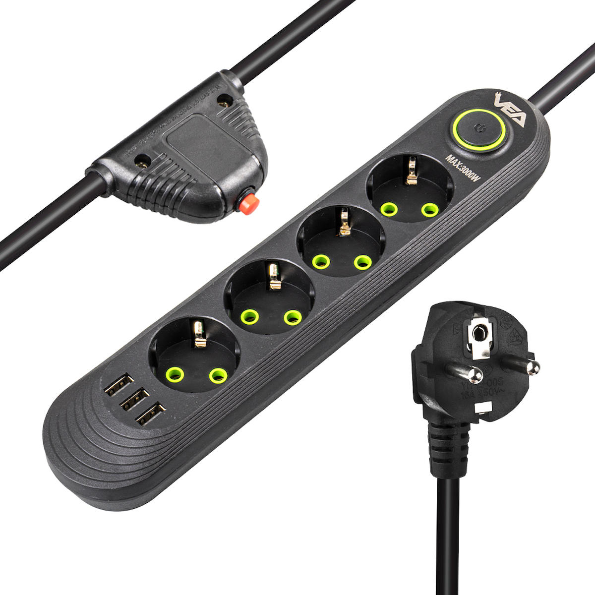 Vea VA-21559 4'lü Soket 1.5 Metre 3'lü USB Kablolu Tekli Akım Korumalı Priz