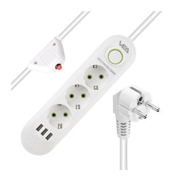 Vea VA-21558 3lü Soket 1.5 Metre 3'lü USB Kablolu Tekli Akım Korumalı Priz