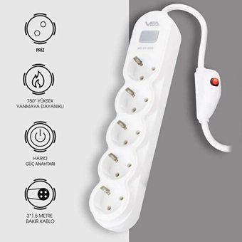 Vea VA-21569 5'li Soket 1.5 Metre Kablolu Tekli Akım Korumalı Priz