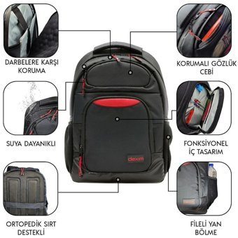 Dexim DXBP40 Gözlü Su Geçirmez Polyester 17 inç Sırt Laptop Çantası Siyah