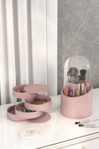 Pufwin Home 4 Katlı Dönebilen Kapaklı 4 Çekmeceli 2'li Makyaj Organizeri Pembe
