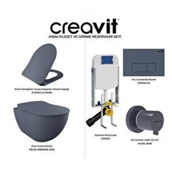 Creavit FE322 70 cm Seramik Kanalsız Arkadan Çıkışlı Gömme Duvara Sıfır Asma Klozet Antrasit