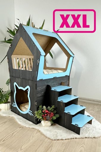 Onix Home Beşgen 2 Katlı İç Mekan Ahşap Kedi Evi Turkuaz
