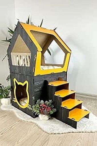 Mavitrend Beşgen 2 Katlı İç Mekan Ahşap Kedi Evi Sarı Siyah
