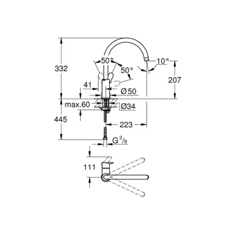 Grohe Bauedge Kuğu Tek Girişli Aç Kapa Eviye Bataryası Gümüş