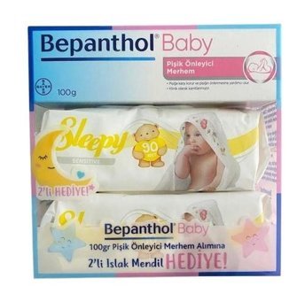 Bepanthol Baby Vitaminli Parfümsüz Parabensiz Pişik Kremi 100 gr + Sleepy Sensitive Islak Havlu 90'lı 2 Adet
