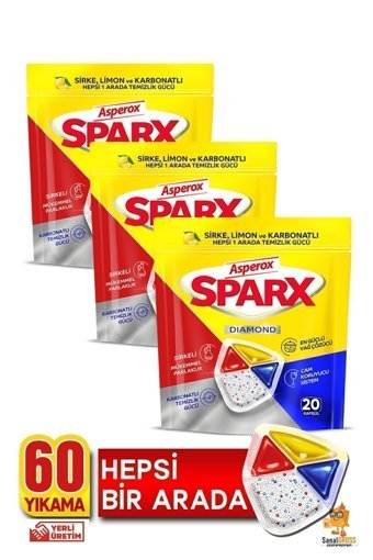 Asperox Sparx Diamond Limon Sirke Kokulu Tablet Bulaşık Makinesi Deterjanı 3x20 Adet