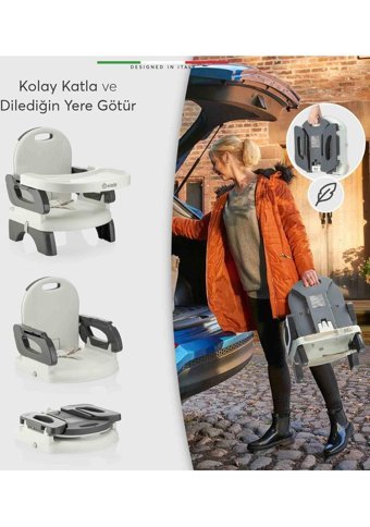 Elele Livo Alüminyum - Plastik 3 Noktalı Emniyet Kemeri 15 kg Kapasiteli Tekerleksiz Sandalye Üstü Tepsili Oturaklı Yükselticili Katlanır Portatif Mama Sandelyesi Gri