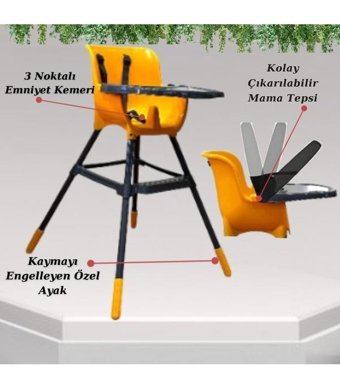 Jusso Seul Metal 3 Noktalı Emniyet Kemeri 13 kg Kapasiteli Tekerleksiz Tepsili Oturaklı Portatif Mama Sandelyesi Sarı