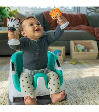 Baby Einstein Plastik 2 Noktalı Emniyet Kemeri 7 kg Kapasiteli Tekerleksiz Sandalye Üstü Tepsili Oturaklı Oyuncaklı Portatif Mama Sandelyesi Lacivert