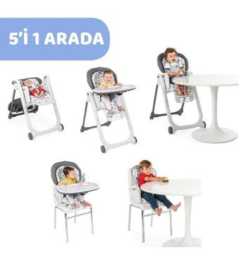 Chicco Polly Alüminyum - Plastik 5 Noktalı Emniyet Kemeri 15 kg Kapasiteli Tekerlekli Tepsili Oturaklı Yükselticili Katlanır Portatif Mama Sandelyesi Gri Melanj