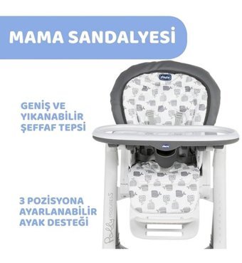 Chicco Polly Alüminyum - Plastik 5 Noktalı Emniyet Kemeri 15 kg Kapasiteli Tekerlekli Tepsili Oturaklı Yükselticili Katlanır Portatif Mama Sandelyesi Gri Melanj
