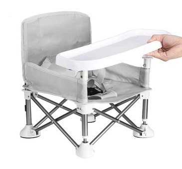Funky Chairs Alüminyum - Plastik 15 kg Kapasiteli Tekerleksiz Sandalye Üstü Tepsili Oturaklı Yükselticili Katlanır Portatif Mama Sandelyesi Gri