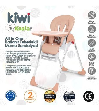 Kiwi KW-4030 Alüminyum - Plastik 5 Noktalı Emniyet Kemeri 25 kg Kapasiteli Tekerleksiz Tepsili Oturaklı Yükselticili Katlanır Portatif Mama Sandelyesi Gri