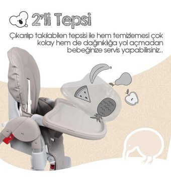Kiwi KW-4030 Alüminyum - Plastik 5 Noktalı Emniyet Kemeri 25 kg Kapasiteli Tekerleksiz Tepsili Oturaklı Yükselticili Katlanır Portatif Mama Sandelyesi Gri