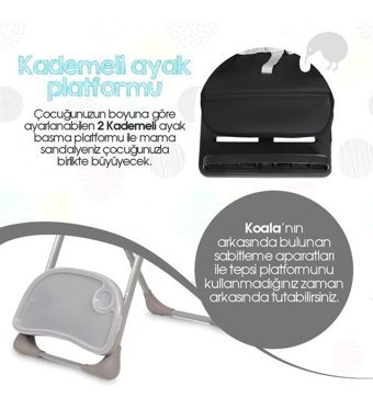 Kiwi KW-4030 Alüminyum - Plastik 5 Noktalı Emniyet Kemeri 25 kg Kapasiteli Tekerleksiz Tepsili Oturaklı Yükselticili Katlanır Portatif Mama Sandelyesi Gri