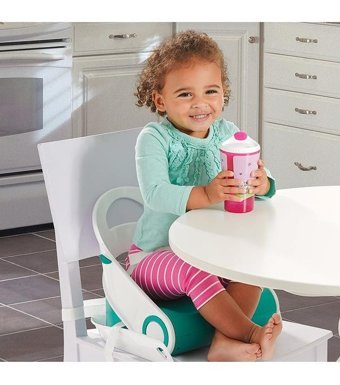 Summer Kompakt Alüminyum - Plastik 3 Noktalı Emniyet Kemeri 15 kg Kapasiteli Tekerleksiz Masaya Takılan Sandalye Üstü Tepsili Oturaklı Yükselticili Katlanır Portatif Mama Sandelyesi Turkuaz