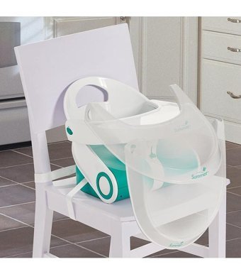 Summer Kompakt Alüminyum - Plastik 3 Noktalı Emniyet Kemeri 15 kg Kapasiteli Tekerleksiz Masaya Takılan Sandalye Üstü Tepsili Oturaklı Yükselticili Katlanır Portatif Mama Sandelyesi Turkuaz