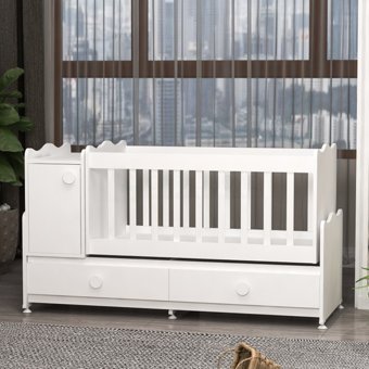 Garaj Home Mdf 30 kg Kapasiteli Dikdörtgen Dolaplı Çekmeceli Büyüyen Sallanan Anne Yanı Beşik Beyaz
