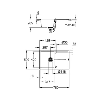 Grohe K400 50 -C 86/50 31639At0 500 mm Damlalıklı Tezgah Üstü Tek Gözlü Dikdörtgen Sağ-Sol Granit Eviye Gri