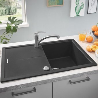 Grohe K400 50 -C 86/50 31639At0 500 mm Damlalıklı Tezgah Üstü Tek Gözlü Dikdörtgen Sağ-Sol Granit Eviye Gri