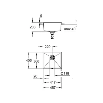 Grohe K700U 31653At0 457 mm Damlalıksız Tezgah Üstü Tek Gözlü Dikdörtgen Orta Granit Eviye Siyah