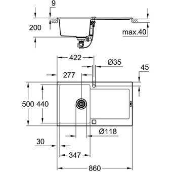 Grohe K500 50 -C 86/50 31644At0 860 mm Damlalıklı Tezgah Altı Tek Gözlü Dikdörtgen Sol Granit Eviye Gri