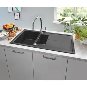 Grohe K400 60 -C 100/50 31646Ap0 345 mm Damlalıklı Tezgah Üstü 1.5 Gözlü Dikdörtgen Sağ-Sol Granit Eviye Siyah