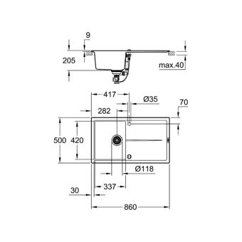 Grohe K400 50 -C 86/50 31640Ap0 337 mm Damlalıklı Tezgah Üstü Tek Gözlü Dikdörtgen Sağ-Sol Granit Eviye Siyah