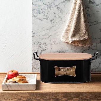 Evstyle Kesme Tahtalı Kapaklı Siyah Ekmek Kutusu
