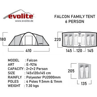 Evolite Falcon 6 Kişilik 3 Odalı Çift Tenteli Su Geçirmez Aile Çadırı Mavi Turuncu