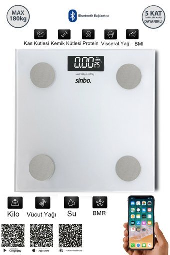 Sinbo SBS-4467 Yağ Ölçen Vücut Analizi Yapan Bluetoothlu Kas Ölçen Cam Dijital Akıllı Tartı Beyaz