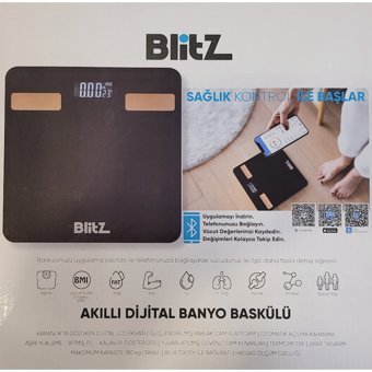 Blitz Yağ Ölçen Vücut Analizi Yapan Bluetoothlu Kas Ölçen Cam Dijital Akıllı Tartı Siyah