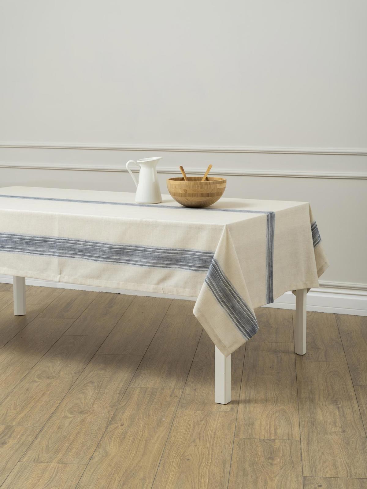 Naturel Pamuk-Polyester 145 x 250 cm Dikdörtgen Masa Örtüsü Lacivert